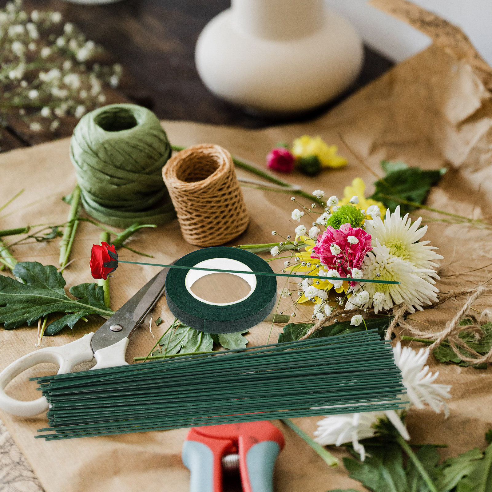 Wire Stem Florist - 1Set Florist Tape Green and Floral