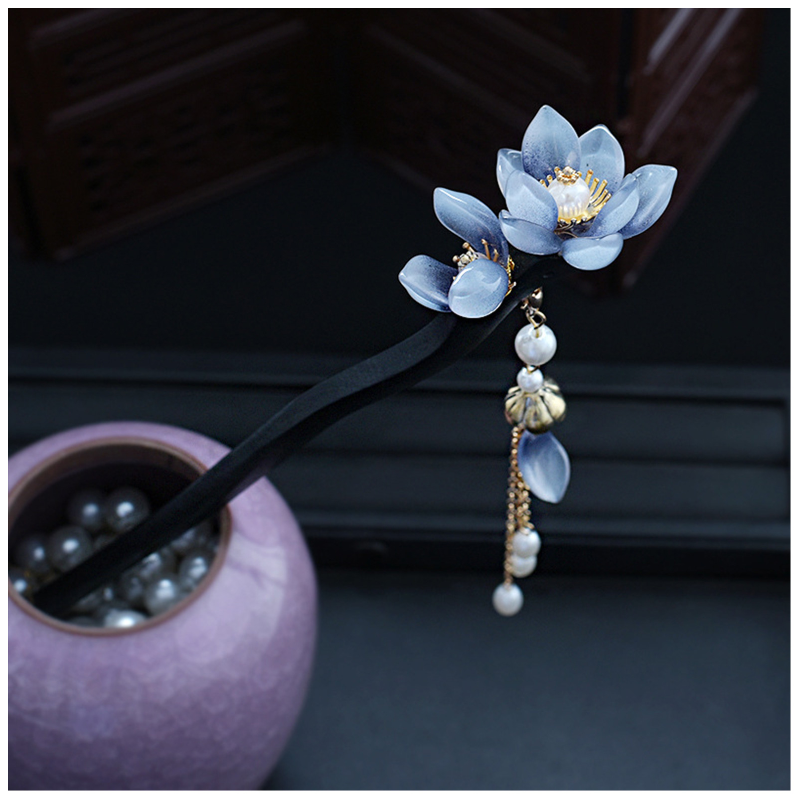 Florist Supplies - Blue Flower Hair Stick Vintage Pearl